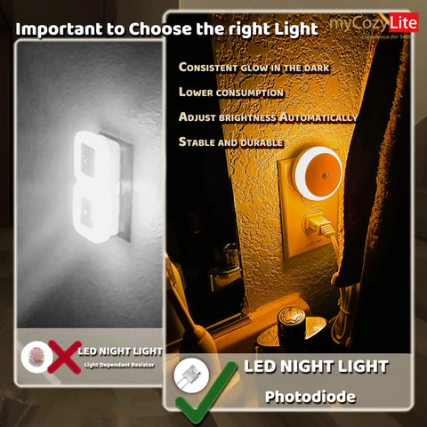Amber Night Light Plug In Dusk To Dawn Sensor Night Light with amber glow and LED features comparison on wall and outlet