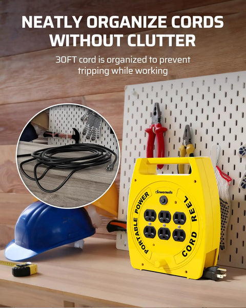 30 Ft Retractable Extension Cord Reel With 4 Grounded Outlets on workbench, yellow, coiled cord near tools