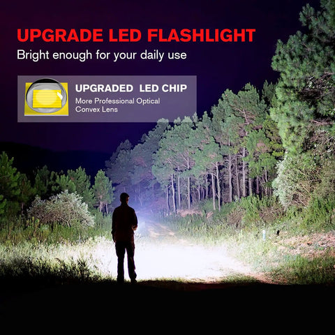 Person using Beast Mode LED Tactical Flashlight S2000 4 Pack With Zoomable Beam Five Modes Waterproof to illuminate forest at night