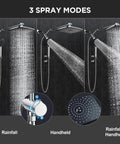 Front view: Veken 11.8-in chrome dual showerhead with handheld sprayer and extension arm; rainfall and handheld modes.