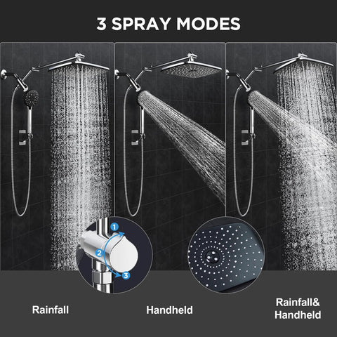Front view: Veken 11.8-in chrome dual showerhead with handheld sprayer and extension arm; rainfall and handheld modes.