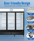 Heavy Duty Commercial Display Refrigerator Three Section Hinged Glass Door Upright Fridge Cooler with adjustable racks and air circulation.