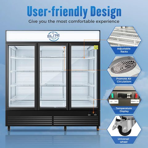 Heavy Duty Commercial Display Refrigerator Three Section Hinged Glass Door Upright Fridge Cooler with adjustable racks and air circulation.