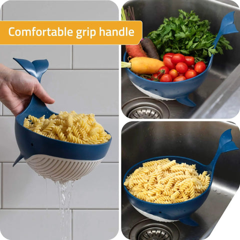 Pastail Medium Whale Shaped Pasta Colander for draining pasta and vegetables, stands on fins, in use over sink, showing comfortable grip handle