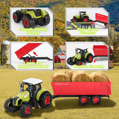 Farm Semi Trailer Truck Toy With Large Flatbed Carrier, Hauls Animal Trailer And Tractor, Real Lights And Sounds.