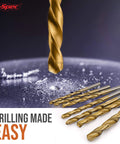 Hi-Spec drill bit set, gold-colored HSS steel twist bits laid out on white surface