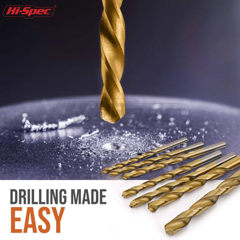 Hi-Spec drill bit set, gold-colored HSS steel twist bits laid out on white surface