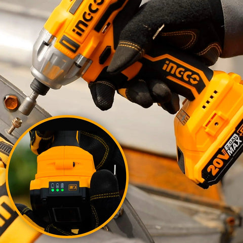 20V Cordless Brushless Impact Driver Set with 1/4 Inch Drive being used on metal, showing dual battery indicator