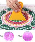 Diamond Painting Roller And Fix Tools Set for Full Drill Kits in use for aligning diamonds on canvas, before and after shown.