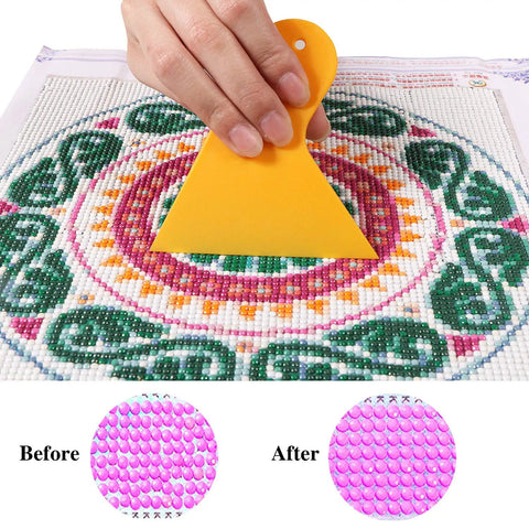 Diamond Painting Roller And Fix Tools Set for Full Drill Kits in use for aligning diamonds on canvas, before and after shown.