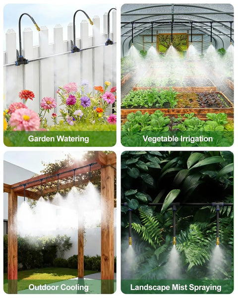 Collage of 5/16 Inch Drip Irrigation Kit 100ft High Flow Garden Watering System, showcasing garden, vegetable irrigation, and misting setup.