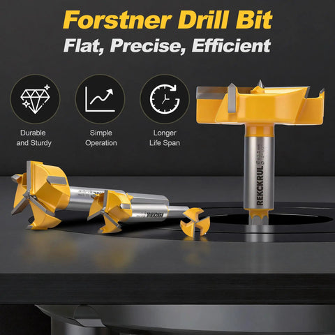 2-1/2 Inch Tungsten Carbide Forstner Bits With Hex Shank displayed with durability and efficiency icons