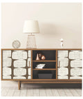 Mid Century Beads Peel And Stick Wallpaper Brown No Mess Easy To Install Repositionable And Removable 20.5 Inch Wide Roll 18 Feet Long Ideal For Accent Walls Diy Makeovers And Quick Room Refresh applied to cabinet doors in a living room setting.