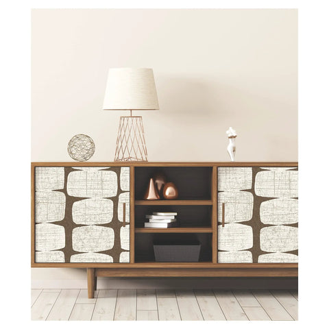 Mid Century Beads Peel And Stick Wallpaper Brown No Mess Easy To Install Repositionable And Removable 20.5 Inch Wide Roll 18 Feet Long Ideal For Accent Walls Diy Makeovers And Quick Room Refresh applied to cabinet doors in a living room setting.