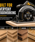 8-1/4 Inch Table Saw Blade With Sixty Carbide Tips And Thin Kerf Profile, attached to a circular saw cutting plywood.