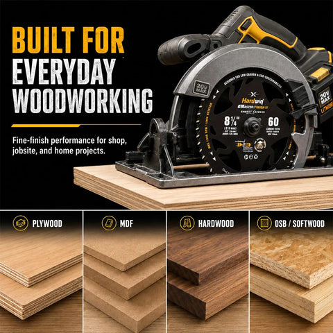 8-1/4 Inch Table Saw Blade With Sixty Carbide Tips And Thin Kerf Profile, attached to a circular saw cutting plywood.