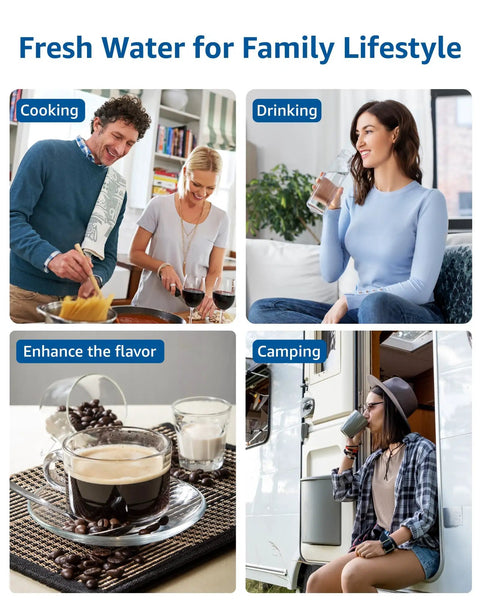 People using filtered water for cooking, drinking, coffee, and camping with 4 Pack Water Filter Cartridges For Pitcher And Dispenser.