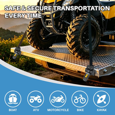 One Inch By Five Foot Bolt On Auto Retractable Ratchet Tie Down Strap for securing ATV on trailer.