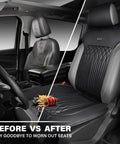 Before and after image of All Season Waterproof Nappa Leather Car Seat Protector and Seat Saver showcasing seat improvement.