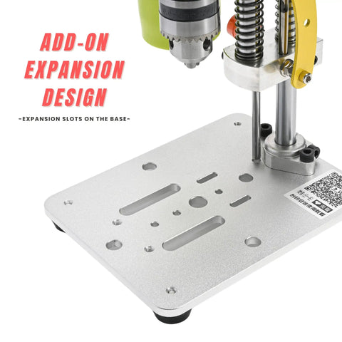 Mini Benchtop Drill Press With 7 Speed Settings And B10 Chuck, handles 0.6-6mm bits, 40mm stroke, close-up on base expansion design