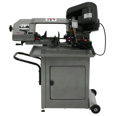 Five Inch By Six Inch Mitering Horizontal Bandsaw Built Tough With Hydraulic Downfeed Half Horsepower Volts 115 Or 230 Single Phase Mitering Head Swivel From 0 To 60 Degrees Deluxe Enclosed Stand With Wheels Adjustable Material Stop Ball Bearing Drive