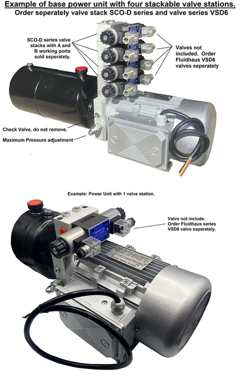 No Nonsense Workhorse 2 HP Hydraulic Power Unit Single Phase Pump Pack with valve stations and motor components.