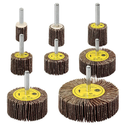8 Piece Flap Wheel Sander Set With One Quarter Inch Shank, 80 Grit Flapper Wheels In 8 Sizes, Cylindrical Shape