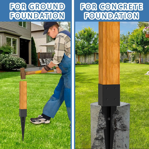 Side-by-side comparison of Heavy Duty Fence Post Anchor Ground Spike 24 Inch Metal Post Base in ground and concrete foundations.