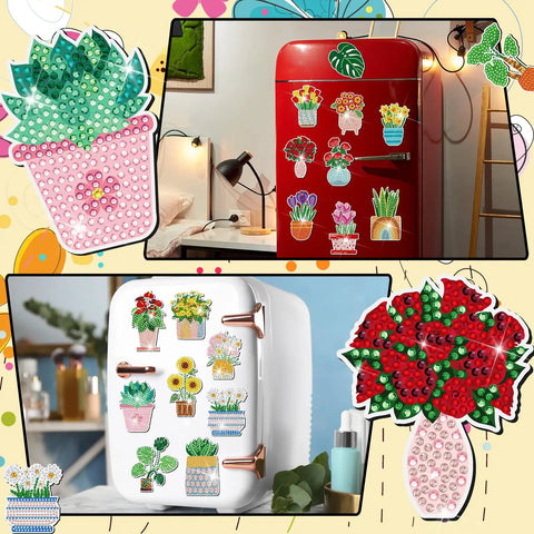 Spring Diamond Painting Magnets Set 30 Pcs Refrigerator Magnets Kit For Adults with floral and plant designs on red and white fridges.