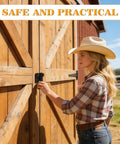 Heavy Duty Stainless Steel Flip Gate Latch Set With Padlock For Barn Cabinet Pet Cage Garden Garage And Window Sliding Doors Matte Black Finish, installed on barn door.