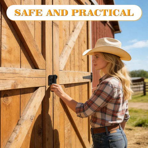 Heavy Duty Stainless Steel Flip Gate Latch Set With Padlock For Barn Cabinet Pet Cage Garden Garage And Window Sliding Doors Matte Black Finish, installed on barn door.
