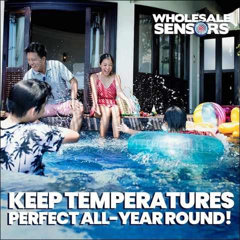 Family enjoying a pool, emphasizing Replacement 140F AGS Gas Shutoff Switch for Pool and Spa Heaters to prevent overheating.