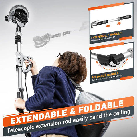 Woman using Drywall Sander With 900W Power, 24 Sanding Discs, 6 Speed Settings 1000-1600 RPM for ceiling with extendable handle.
