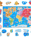 World Map Wooden Puzzle For Kids Ages 4 To 6: Learn continents, oceans, landmarks, animals, and marine life with colorful wooden pieces.