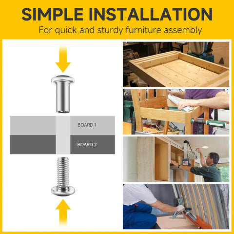 Installation guide for No Sweat M6 X 40 mm Countersunk Flat Head Screws And Barrel Nuts Pack With Hex Wrench for assembly.