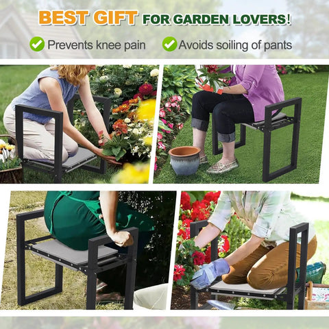 2-In-1 Foldable Garden Kneeler And Seat With Extra Wide 12.6 Inch Cushion, showing use in gardening, lightweight and sturdy for outdoor use.