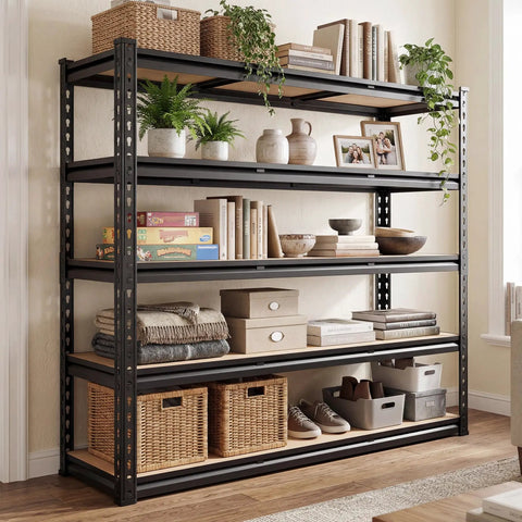 40 Inch Wide Heavy Duty Garage Shelving System With 2500 Pound Capacity Thickened Steel Posts Five Shelf Support Bars Durable Wood Boards Perfect Basement Organization For Tools Parts And Gear in a room, filled with baskets and decor