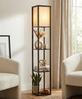 Maxwell Dope Modern Shelf Floor Lamp With Shade And Warm White LED Bulb, space saving Havana Brown lamp with shelves in living room.