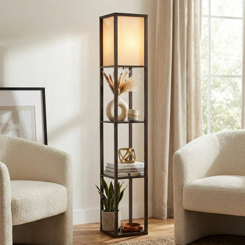 Maxwell Dope Modern Shelf Floor Lamp With Shade And Warm White LED Bulb, space saving Havana Brown lamp with shelves in living room.
