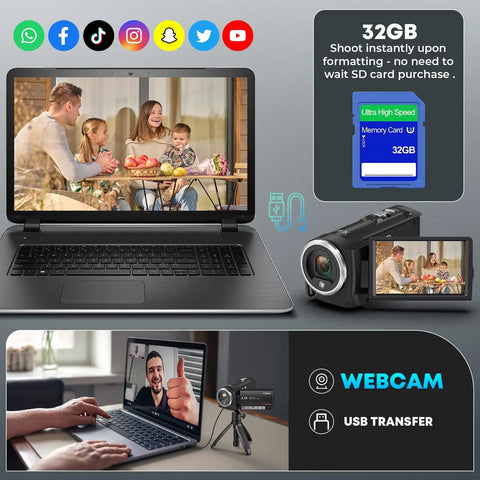 Legit Pro Qhd Camcorder Featuring 2.7K Video And 50 MP Photos 16X Digital Zoom Built In LED Fill Light for live streaming on a laptop.