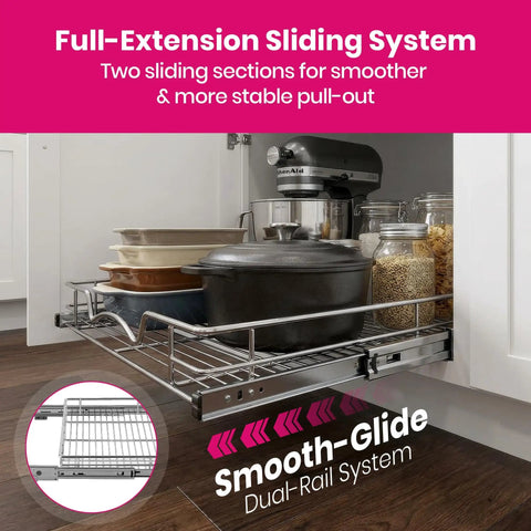 Heavy Duty Pull Out Cabinet Organizer With Smooth Sliding Drawers In Chrome Finish For Easy Access To Spices Pots And Bakeware Fits 23.25 Inch Cabinets And A 22 By 17 Inch Basket No Brainer Install in use with kitchen items on the shelf.