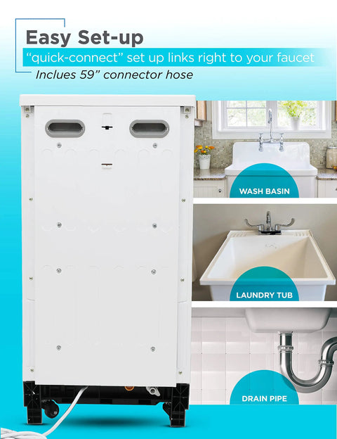 Slick 18 Inch Portable Dishwasher With Stainless Steel Tub Cleans Eight Place Settings Fast Energy Star Certified Countertop Appliance For Apartment Living, showing easy quick-connect setup with a 59 inch connector hose.
