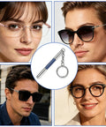 No Sweat 3 In 1 Eyeglass Repair Kit Keychain Screwdriver with hardened steel bits shown with models wearing glasses.