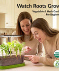 Two people using Indoor Garden Starter Kit with LED Grow Light and Root Viewing Window for Beginners, growing herbs in a kitchen.