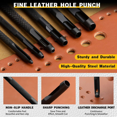 All In One Pro Grade Leather Stitching Hole Punch Tool Set With 4mm, 1, 2, 4, And 6 Prong Punches, includes steel material detail