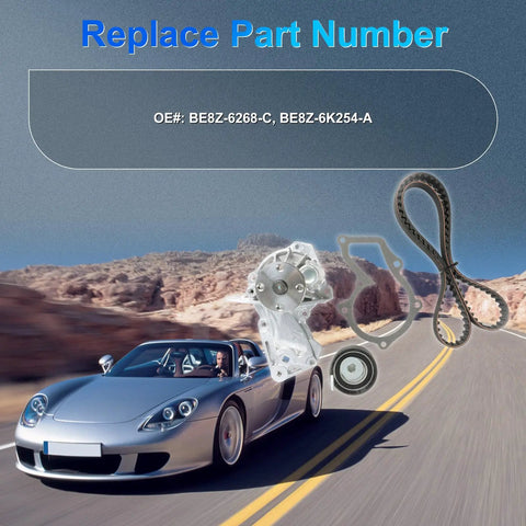 BE8Z-6K254-A Timing Belt Kit With Water Pump For 1.6L Ford Escape 2013-2016, components and car on highway