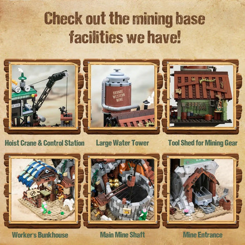 Epic Gold Rush Mining Diorama Set With Motorized Ball Loop features hoist crane, water tower, tool shed, bunkhouse, mine entrance.