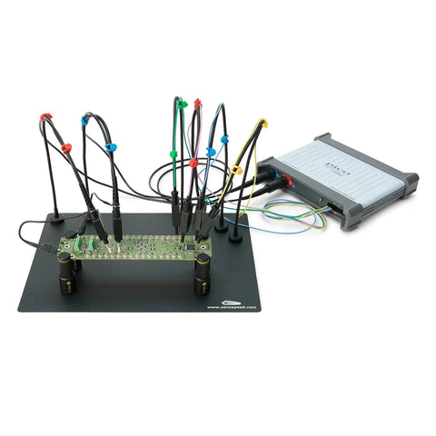 Two SQ200 And Four SQ10 Handsfree Probes Kit for PCB Testing, showing probes attached to a circuit board with rework station