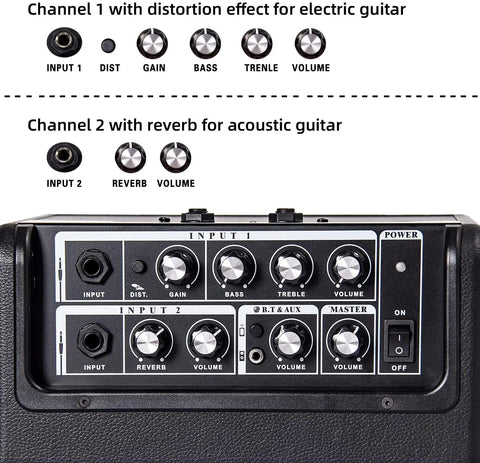 Control panel of 15W Portable Guitar Amp With Bluetooth For Acoustic And Electric Guitars, showcasing input and EQ settings.
