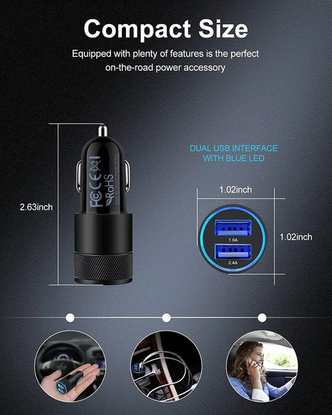 Diagram showing dimensions and blue LED of Dual USB Car Charger With Fast Charge 3.4A, Lighter Socket Adapter For Cars, 2 Pack.
